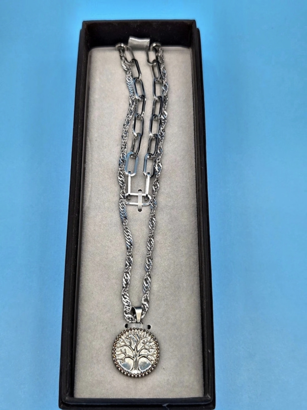 Linea Uomo Stainless Steel Tree of Life Layered Necklace Silver
